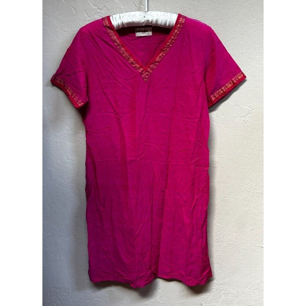 Fabindia Women's V-Neck Embroidered Kurta Tunic Top/Dress Red Large Short Sleeve